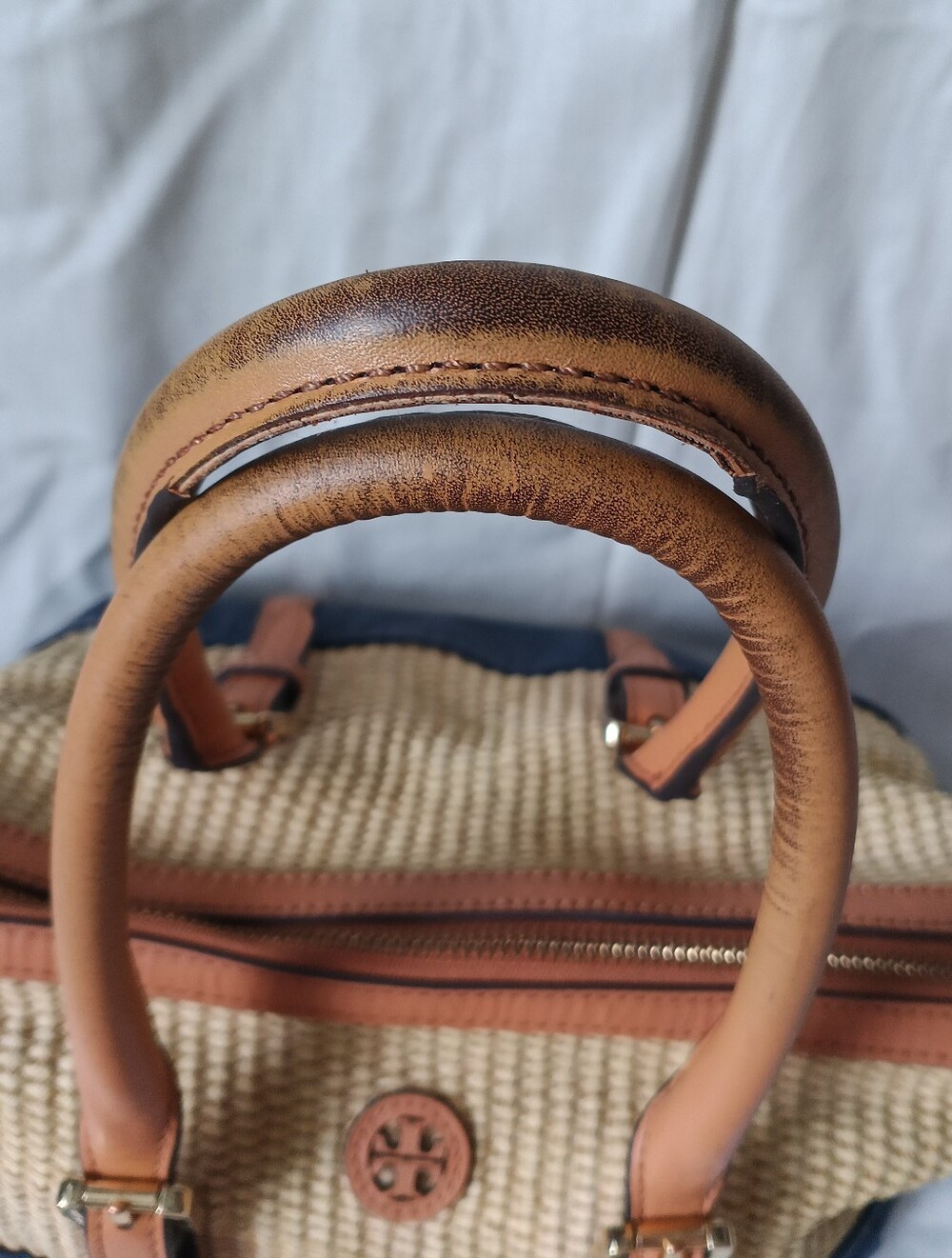 Tory Burch Navy Canvas & Natural Raffia Satchel - Picture 12 of 16